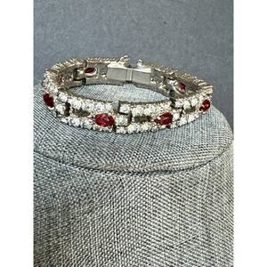 Vintage Rhinestone Bracelet Silver Tone Red Clear Link Station Retro 7” Cocktail